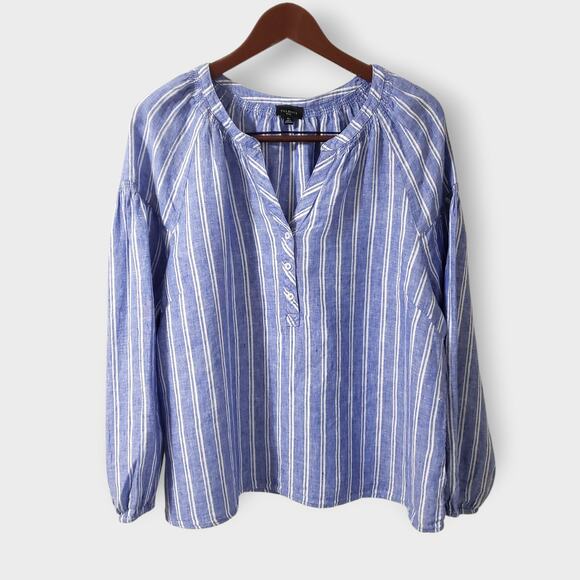 Talbots Tops - Talbots Petite Lantern Sleeve Linen Popover Top Blue Petal Stripe Sz XLP Coastal